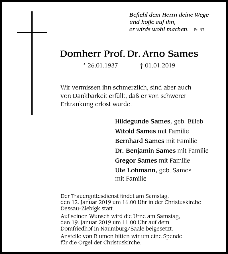  Traueranzeige für Arno Sames vom 09.01.2019 aus Mitteldeutsche Zeitung Halle/Saalkreis