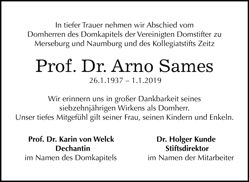  Traueranzeige für Arno Sames vom 09.01.2019 aus Mitteldeutsche Zeitung Naumburg/Nebra