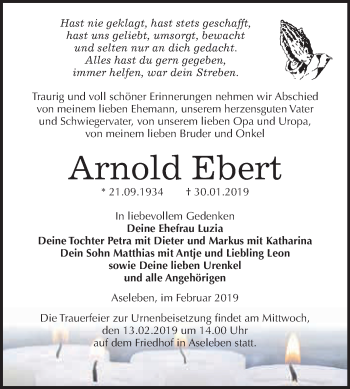 Traueranzeige von Arnold Ebert von Super Sonntag SGH Mansf. Land