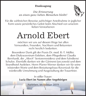 Traueranzeige von Arnold Ebert von Super Sonntag SGH Mansf. Land