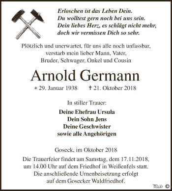 Traueranzeige von Arnold Germann von WVG - Wochenspiegel NMB / WSF / ZTZ