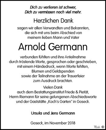 Traueranzeige von Arnold Germann von WVG - Wochenspiegel NMB / WSF / ZTZ
