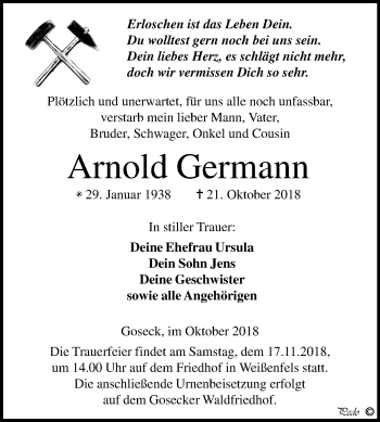 Traueranzeige von Arnold Germann von Mitteldeutsche Zeitung Weißenfels