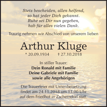 Traueranzeige von Arthur Kluge von Mitteldeutsche Zeitung Bitterfeld