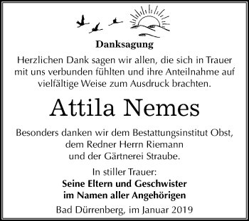 Traueranzeige von Attila Nemes von Mitteldeutsche Zeitung Merseburg/Querfurt