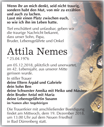 Traueranzeige von Attila Nemes von Mitteldeutsche Zeitung Merseburg/Querfurt