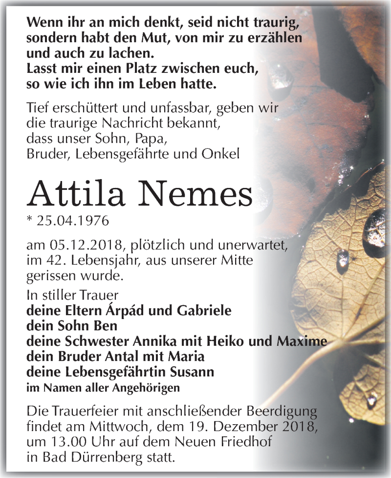  Traueranzeige für Attila Nemes vom 14.12.2018 aus Mitteldeutsche Zeitung Merseburg/Querfurt
