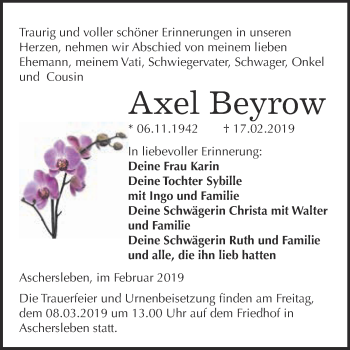Traueranzeige von Axel Beyrow von Super Sonntag Aschersleben