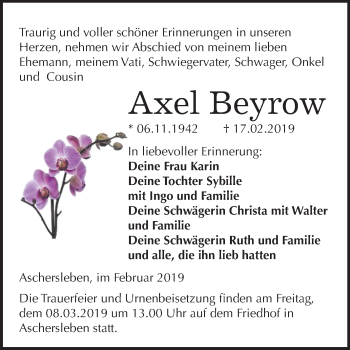Traueranzeige von Axel Beyrow von Mitteldeutsche Zeitung Aschersleben