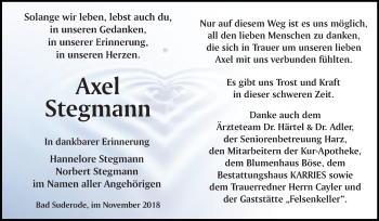 Traueranzeige von Axel Stegmann von Mitteldeutsche Zeitung Quedlinburg