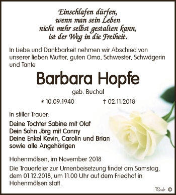 Traueranzeige von Barbara Hopfe von WVG - Wochenspiegel NMB / WSF / ZTZ
