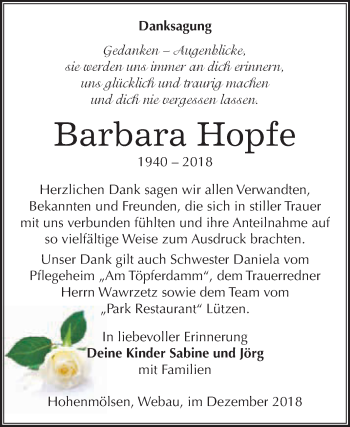 Traueranzeige von Barbara Hopfe von WVG - Wochenspiegel NMB / WSF / ZTZ