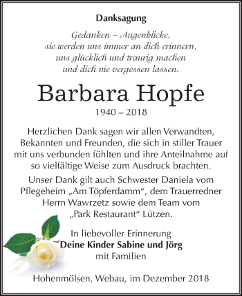 Traueranzeige von Barbara Hopfe von Mitteldeutsche Zeitung Weißenfels