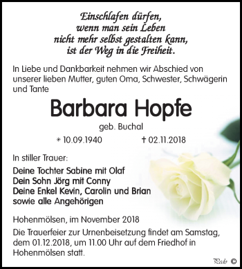 Traueranzeige von Barbara Hopfe von Mitteldeutsche Zeitung Weißenfels