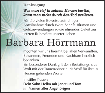 Traueranzeige von Barbara Hörrmann von WVG - Wochenspiegel NMB / WSF / ZTZ