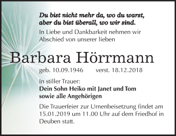 Traueranzeige von Barbara Hörrmann von Mitteldeutsche Zeitung Weißenfels