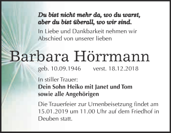 Traueranzeige von Barbara Hörrmann von WVG - Wochenspiegel NMB / WSF / ZTZ