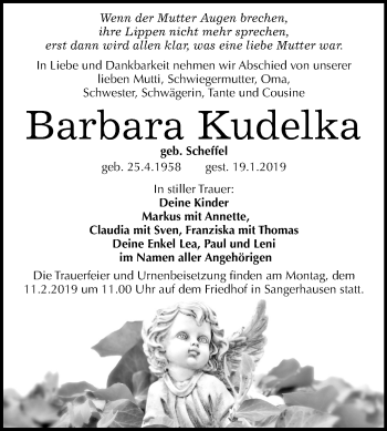 Traueranzeige von Barbara Kudelka von Mitteldeutsche Zeitung