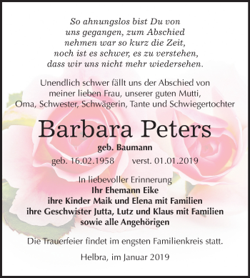 Traueranzeige von Barbara Peters von Mitteldeutsche Zeitung Aschersleben