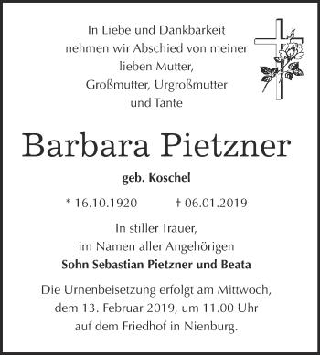 Traueranzeige von Barbara Pietzner von Super Sonntag Bernburg