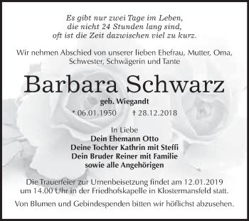 Traueranzeige von Barbara Schwarz von Super Sonntag SGH Mansf. Land