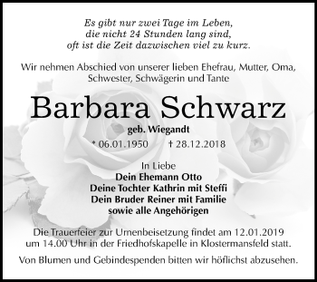 Traueranzeige von Barbara Schwarz von Mitteldeutsche Zeitung Aschersleben