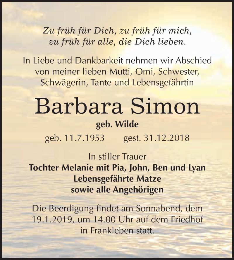  Traueranzeige für Barbara Simon vom 12.01.2019 aus WVG - Wochenspiegel Merseburg