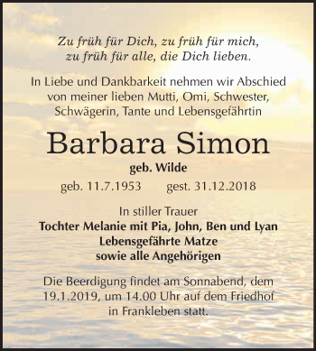 Traueranzeige von Barbara Simon von WVG - Wochenspiegel Merseburg