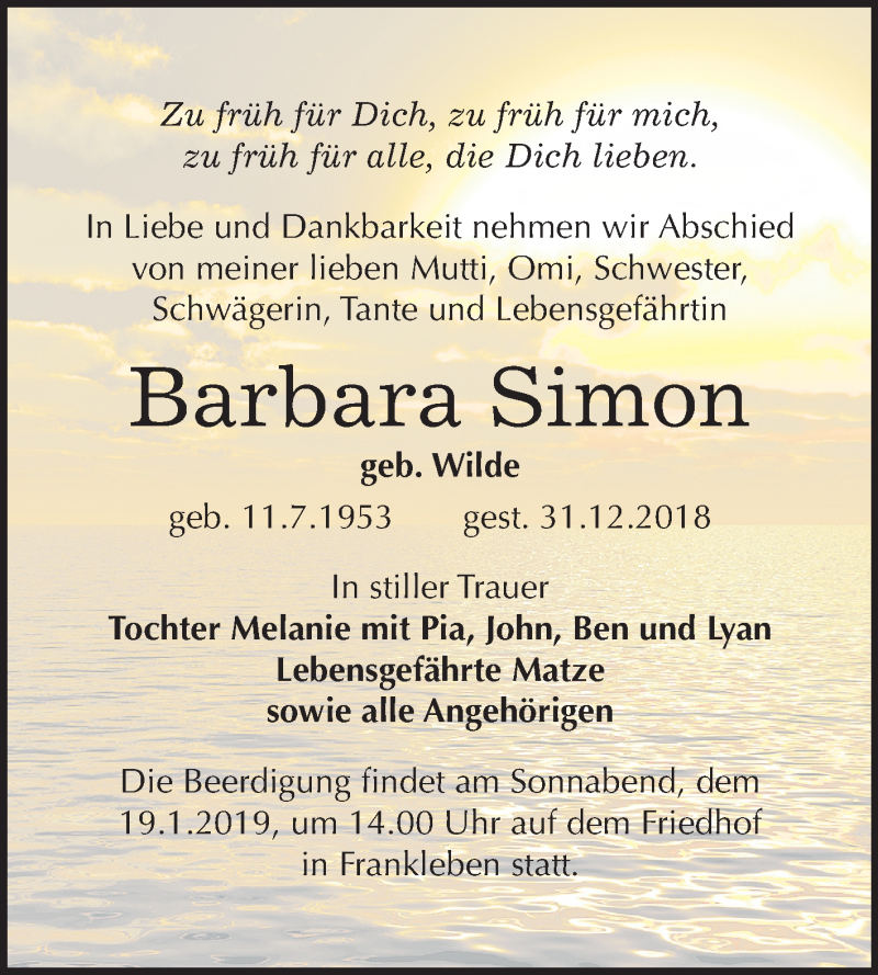  Traueranzeige für Barbara Simon vom 12.01.2019 aus Mitteldeutsche Zeitung Merseburg/Querfurt