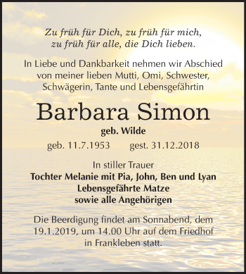 Traueranzeige von Barbara Simon von Mitteldeutsche Zeitung Merseburg/Querfurt