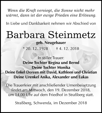 Traueranzeige von Barbara Steinmetz von Mitteldeutsche Zeitung Quedlinburg