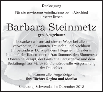 Traueranzeige von Barbara Steinmetz von WVG - Wochenspiegel Quedlinburg