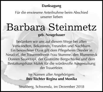 Traueranzeige von Barbara Steinmetz von Mitteldeutsche Zeitung Sangerhausen