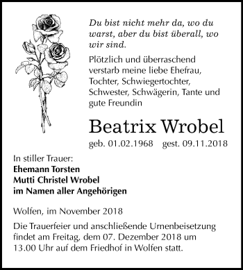 Traueranzeige von Beatrix Wrobel von Mitteldeutsche Zeitung Bitterfeld