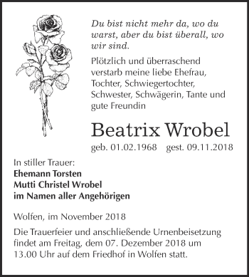 Traueranzeige von Beatrix Wrobel von WVG - Wochenspiegel Bitterfeld
