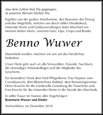 Traueranzeige von Benno Wuwer von Mitteldeutsche Zeitung Aschersleben