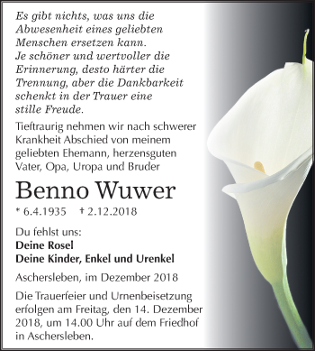 Traueranzeige von Benno Wuwer von Mitteldeutsche Zeitung Aschersleben
