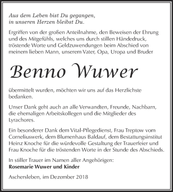 Traueranzeige von Benno Wuwer von Super Sonntag Aschersleben