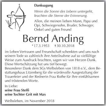 Traueranzeige von Bernd Anding von Wochenspiegel Mansfelder Land