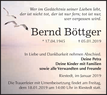 Traueranzeige von Bernd Böttger von Super Sonntag SGH Mansf. Land