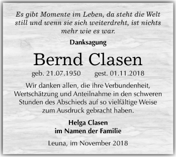 Traueranzeige von Bernd Clasen von Mitteldeutsche Zeitung Merseburg/Querfurt