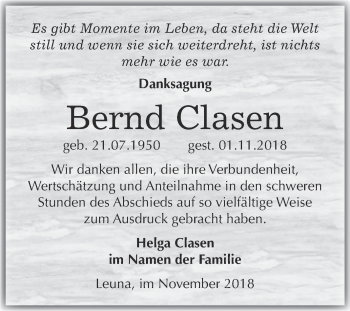 Traueranzeige von Bernd Clasen von Super Sonntag Merseburg