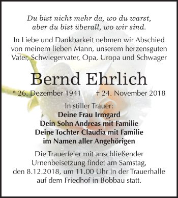 Traueranzeige von Bernd Ehrlich von Mitteldeutsche Zeitung Bitterfeld