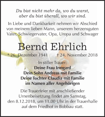 Traueranzeige von Bernd Ehrlich von WVG - Wochenspiegel Bitterfeld