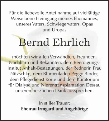 Traueranzeige von Bernd Ehrlich von WVG - Wochenspiegel Bitterfeld