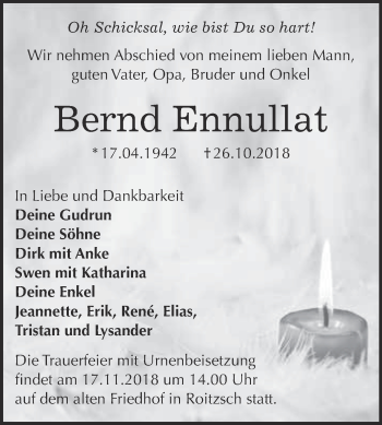Traueranzeige von Bernd Ennullat von WVG - Wochenspiegel Bitterfeld