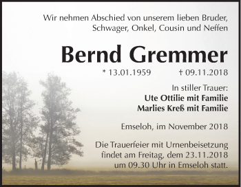 Traueranzeige von Bernd Gremmer von Mitteldeutsche Zeitung Sangerhausen