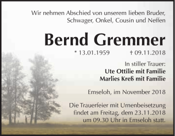 Traueranzeige von Bernd Gremmer von Super Sonntag SGH Mansf. Land