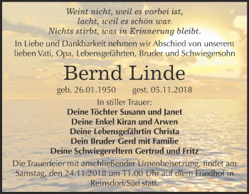 Traueranzeige von Bernd Linde von Super Sonntag Wittenberg