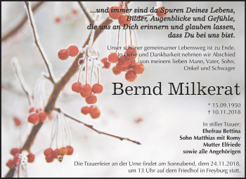 Traueranzeige von Bernd Milkerat von Mitteldeutsche Zeitung Naumburg/Nebra